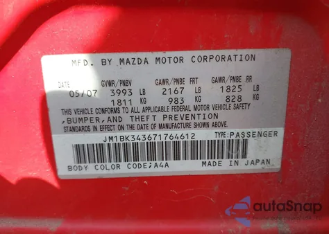 2007 Mazda Mazda3 S Touring from USA, damaged, VIN JM1BK343671764612